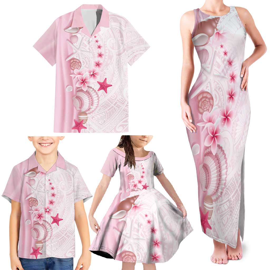 Pink Plumeria Sea Shell Family Matching Tank Maxi Dress and Hawaiian Shirt Starfish Polynesian Pattern - Polynesian Pride