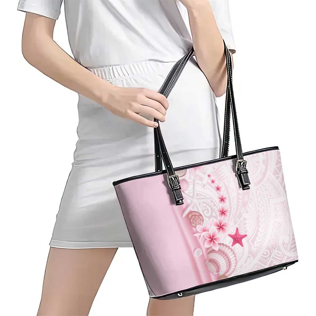 Pink Plumeria Sea Shell Leather Tote Bag Starfish Polynesian Pattern LT01 - Polynesian Pride