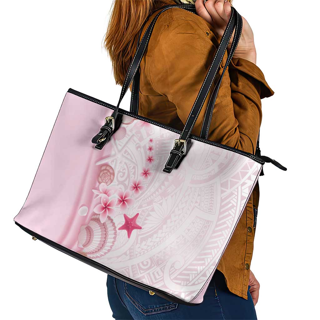 Pink Plumeria Sea Shell Leather Tote Bag Starfish Polynesian Pattern LT01 - Polynesian Pride