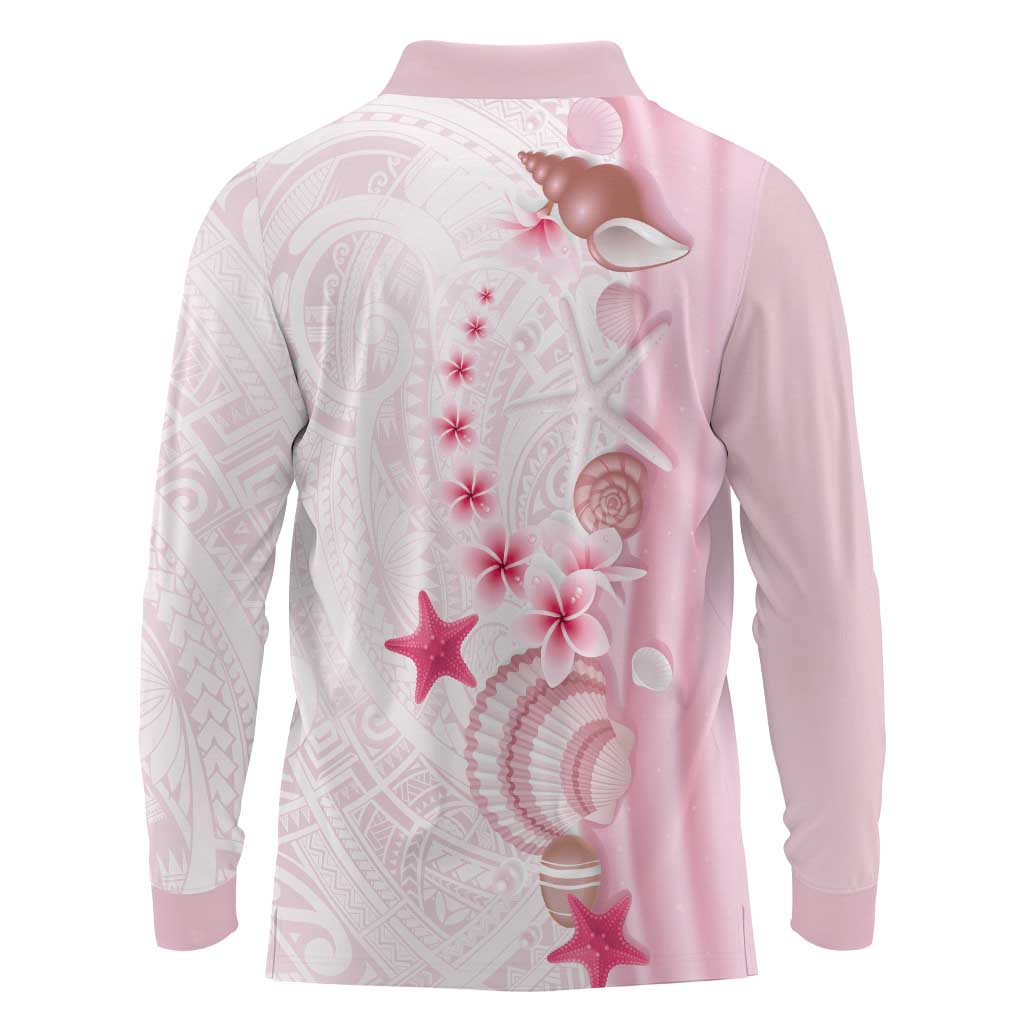 Pink Plumeria Sea Shell Long Sleeve Polo Shirt Starfish Polynesian Pattern LT01 - Polynesian Pride