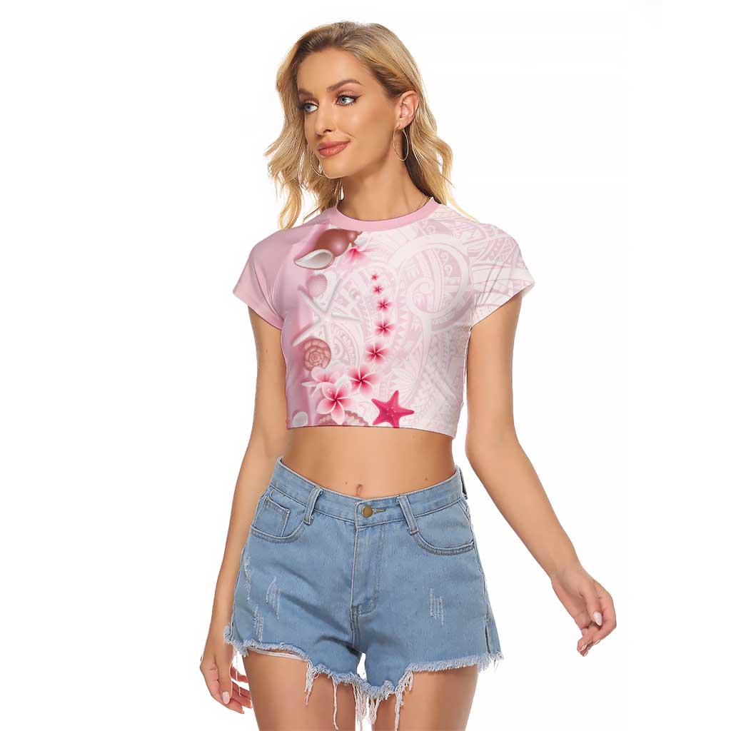 Pink Plumeria Sea Shell Raglan Cropped T Shirt Starfish Polynesian Pattern LT01 Female Pink - Polynesian Pride