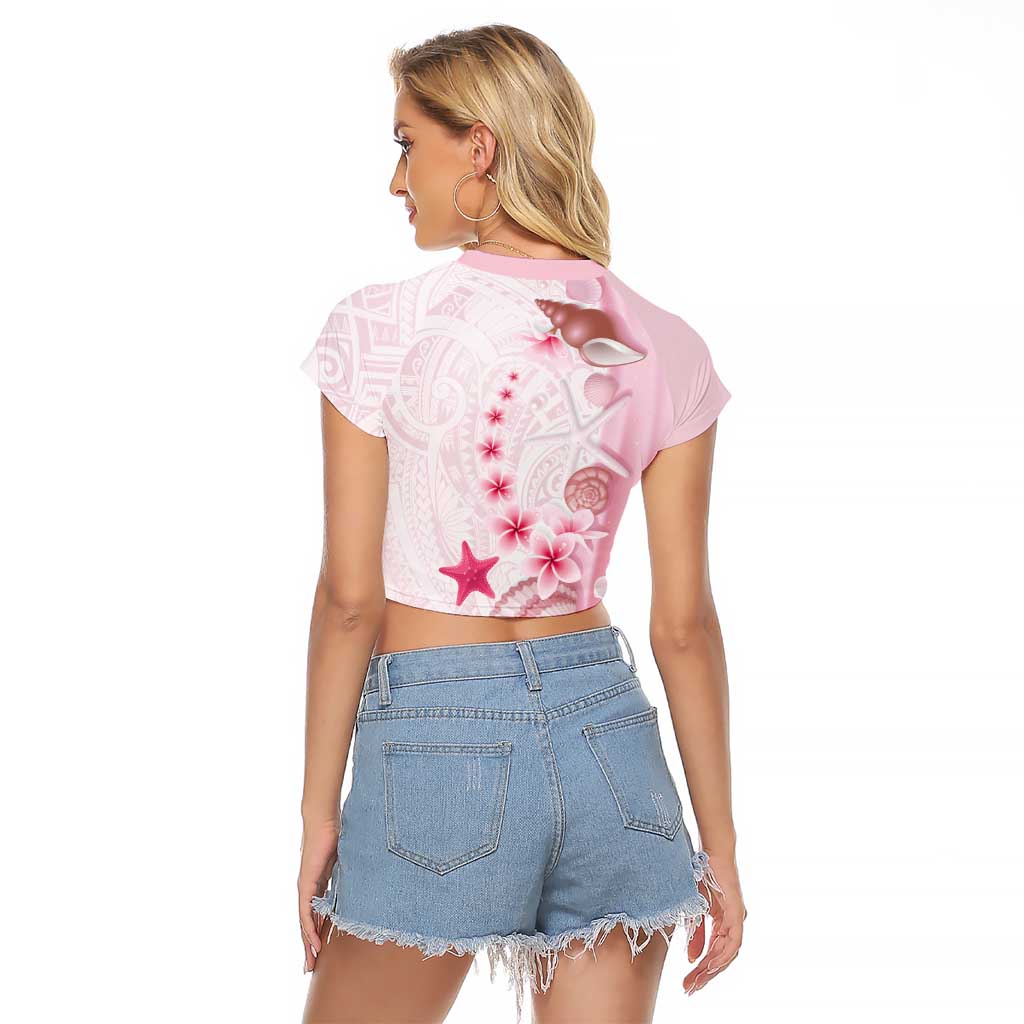 Pink Plumeria Sea Shell Raglan Cropped T Shirt Starfish Polynesian Pattern LT01 - Polynesian Pride