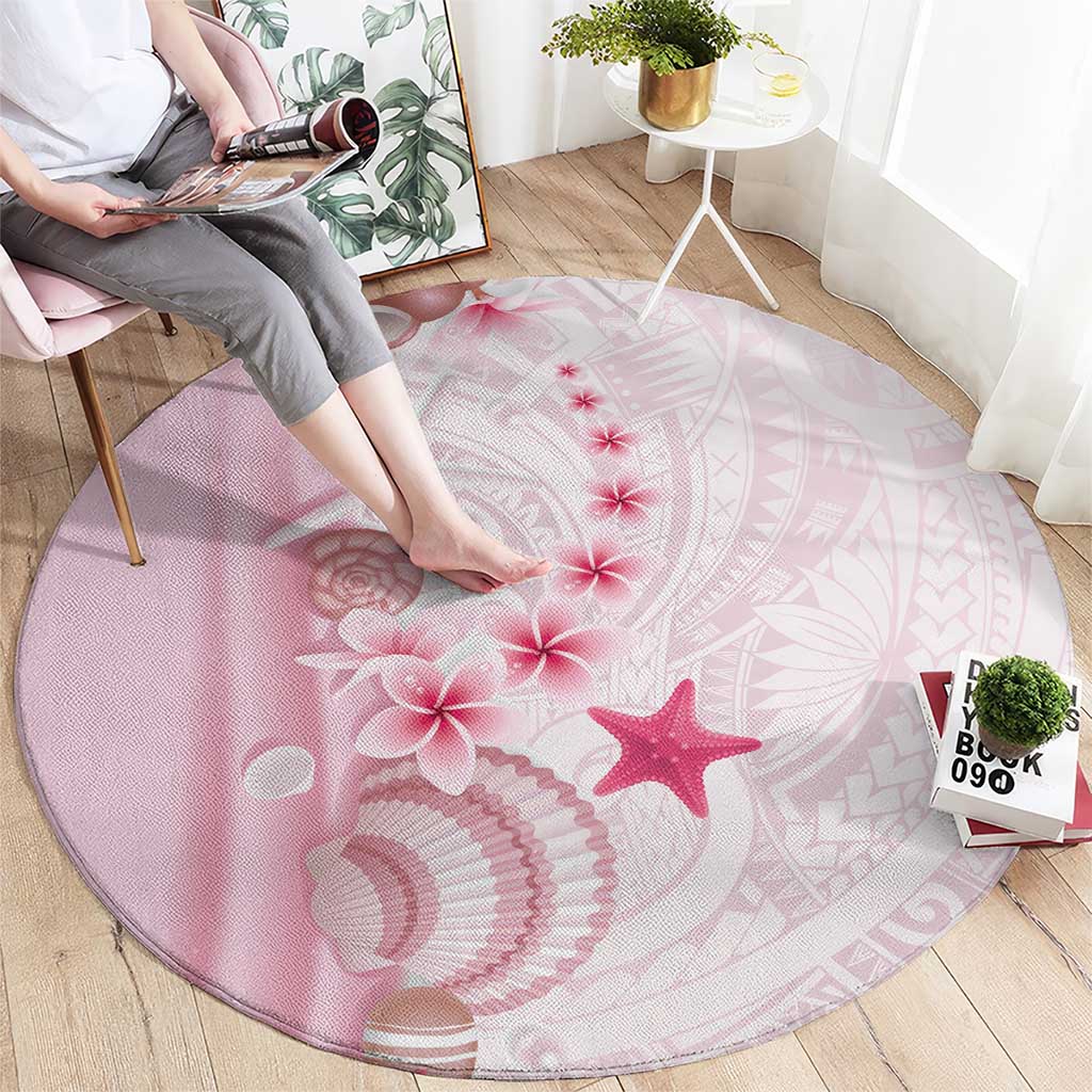Pink Plumeria Sea Shell Round Carpet Starfish Polynesian Pattern - Polynesian Pride