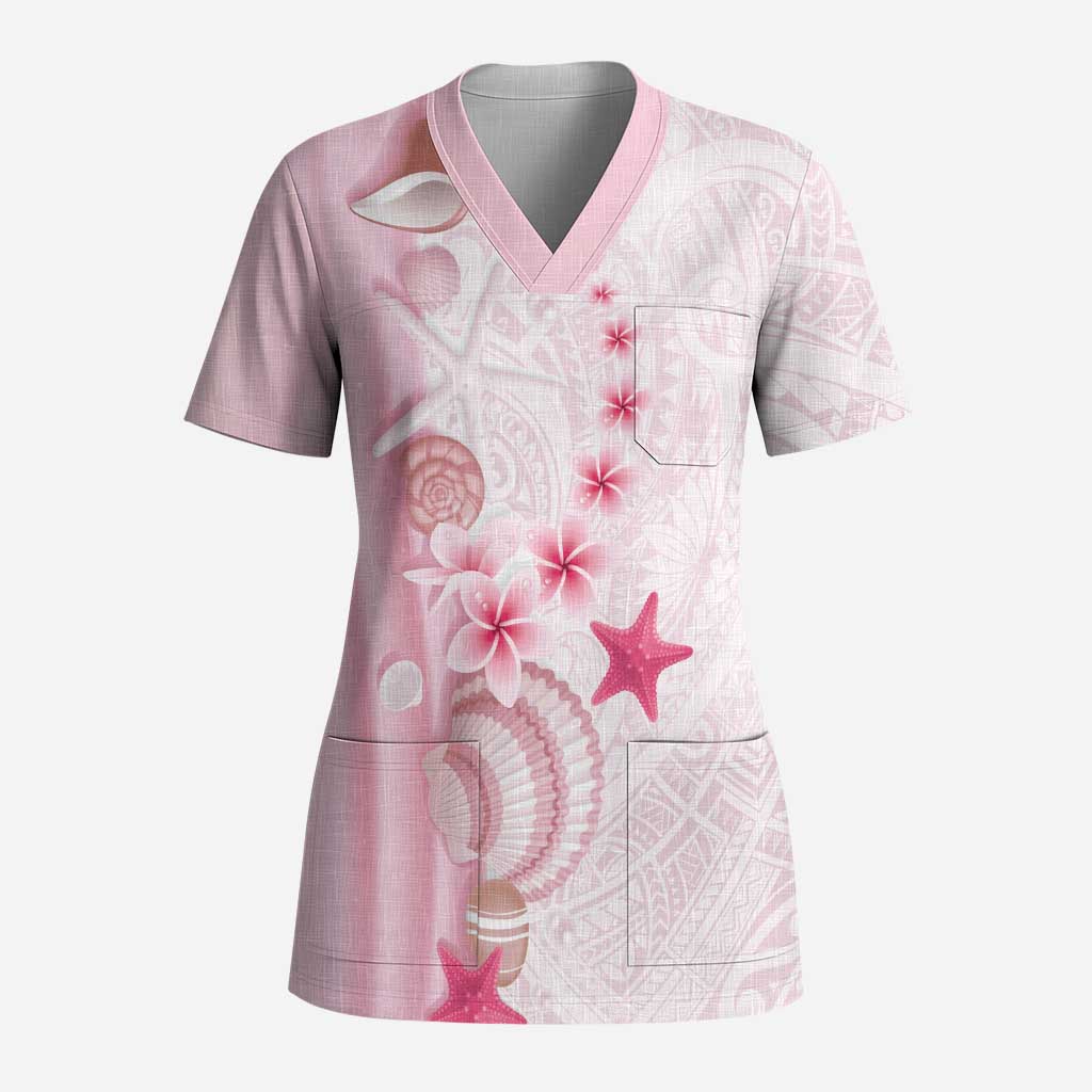 Pink Plumeria Sea Shell Scrub Top Starfish Polynesian Pattern LT01 Adult Pink - Polynesian Pride