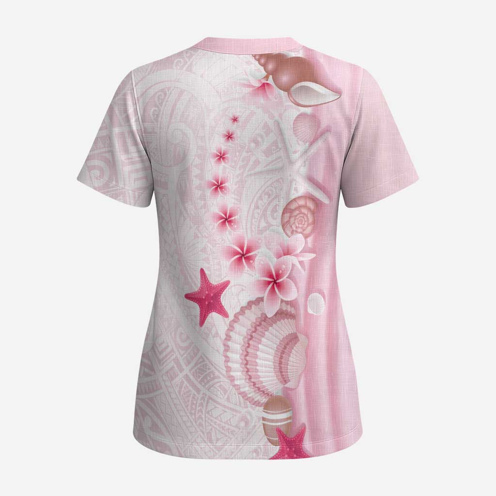 Pink Plumeria Sea Shell Scrub Top Starfish Polynesian Pattern LT01 - Polynesian Pride