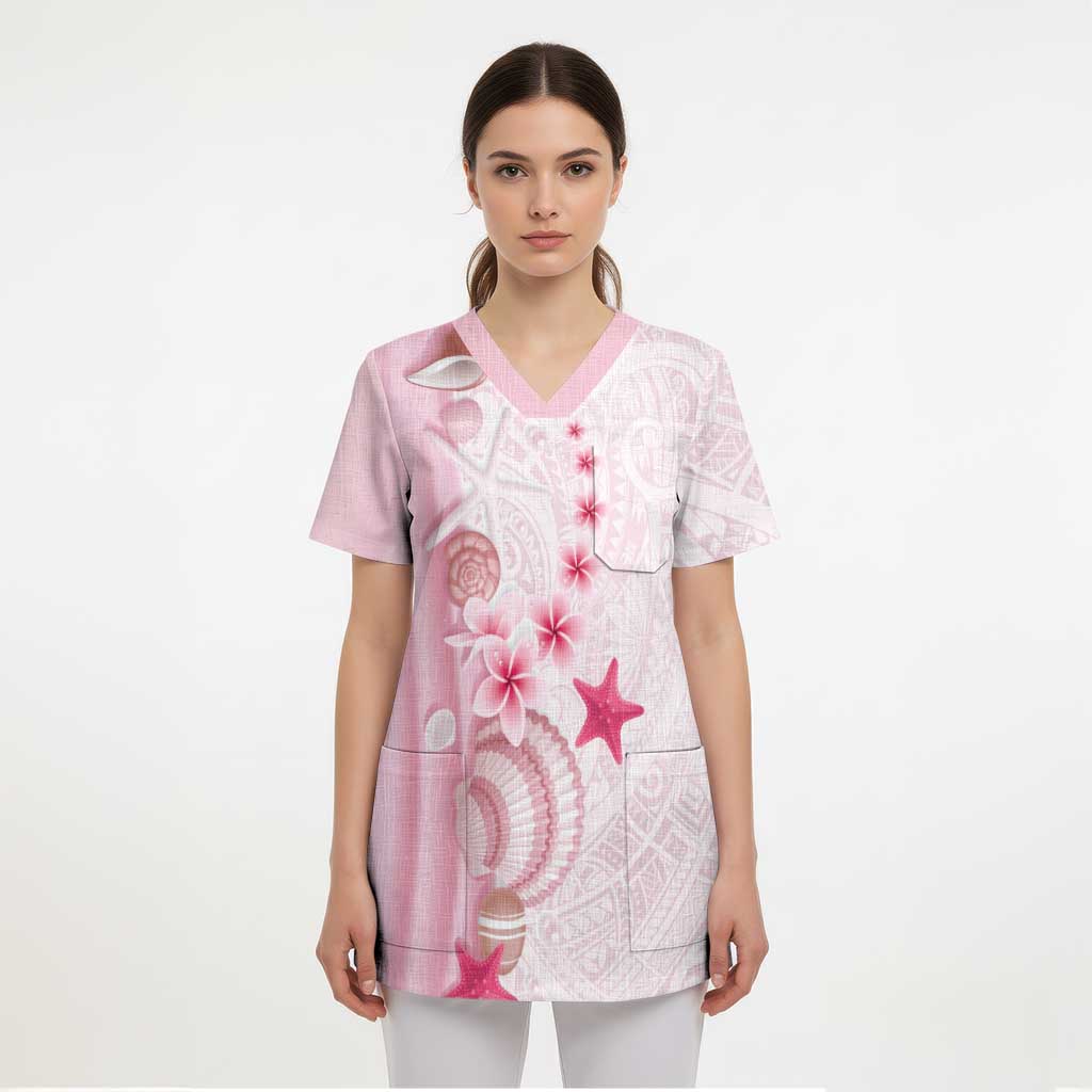 Pink Plumeria Sea Shell Scrub Top Starfish Polynesian Pattern LT01 - Polynesian Pride