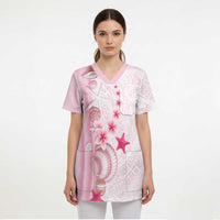 Pink Plumeria Sea Shell Scrub Top Starfish Polynesian Pattern LT01 - Polynesian Pride