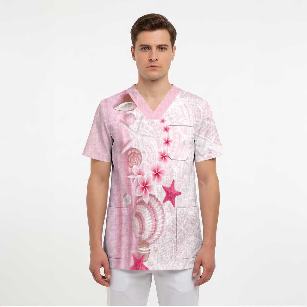 Pink Plumeria Sea Shell Scrub Top Starfish Polynesian Pattern LT01 - Polynesian Pride