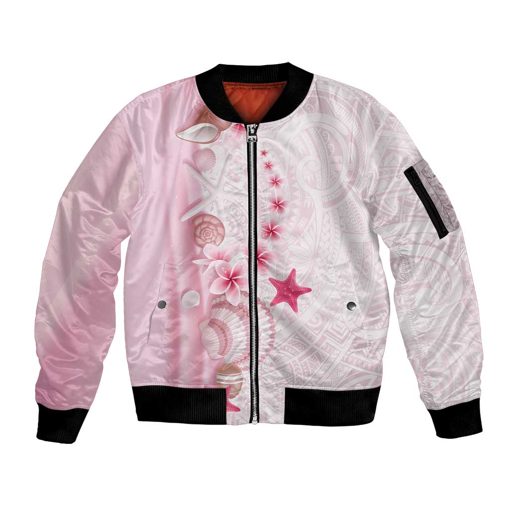 Pink Plumeria Sea Shell Sleeve Zip Bomber Jacket Starfish Polynesian Pattern LT01 Unisex Pink - Polynesian Pride