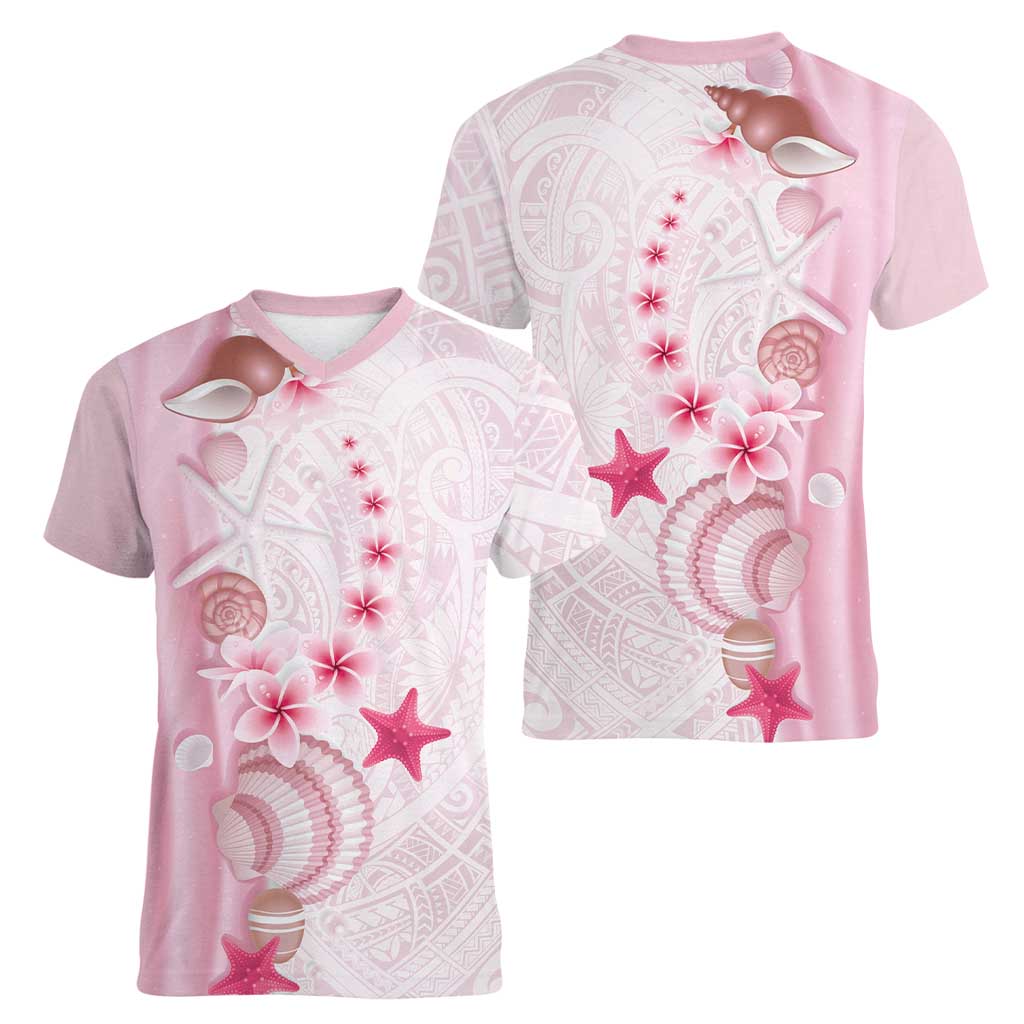 Pink Plumeria Sea Shell Women V-Neck T-Shirt Starfish Polynesian Pattern LT01 - Polynesian Pride