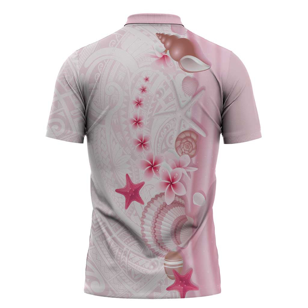Pink Plumeria Sea Shell Zipper Polo Shirt Starfish Polynesian Pattern LT01 - Polynesian Pride