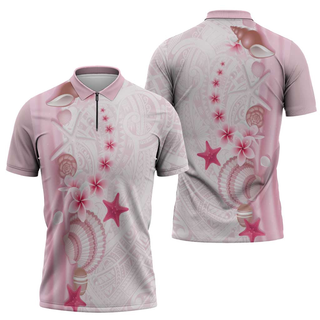 Pink Plumeria Sea Shell Zipper Polo Shirt Starfish Polynesian Pattern LT01 - Polynesian Pride