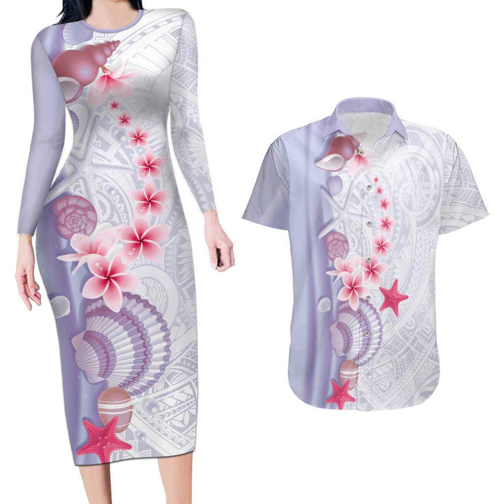 Purple Plumeria Sea Shell Couples Matching Long Sleeve Bodycon Dress and Hawaiian Shirt Starfish Polynesian Pattern - Polynesian Pride