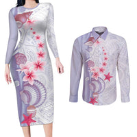 Purple Plumeria Sea Shell Couples Matching Long Sleeve Bodycon Dress and Long Sleeve Button Shirt Starfish Polynesian Pattern LT01 Purple - Polynesian Pride