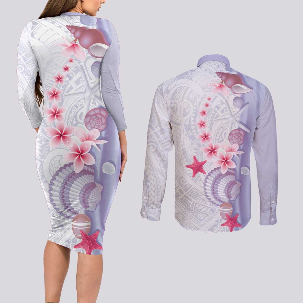Purple Plumeria Sea Shell Couples Matching Long Sleeve Bodycon Dress and Long Sleeve Button Shirt Starfish Polynesian Pattern LT01 - Polynesian Pride
