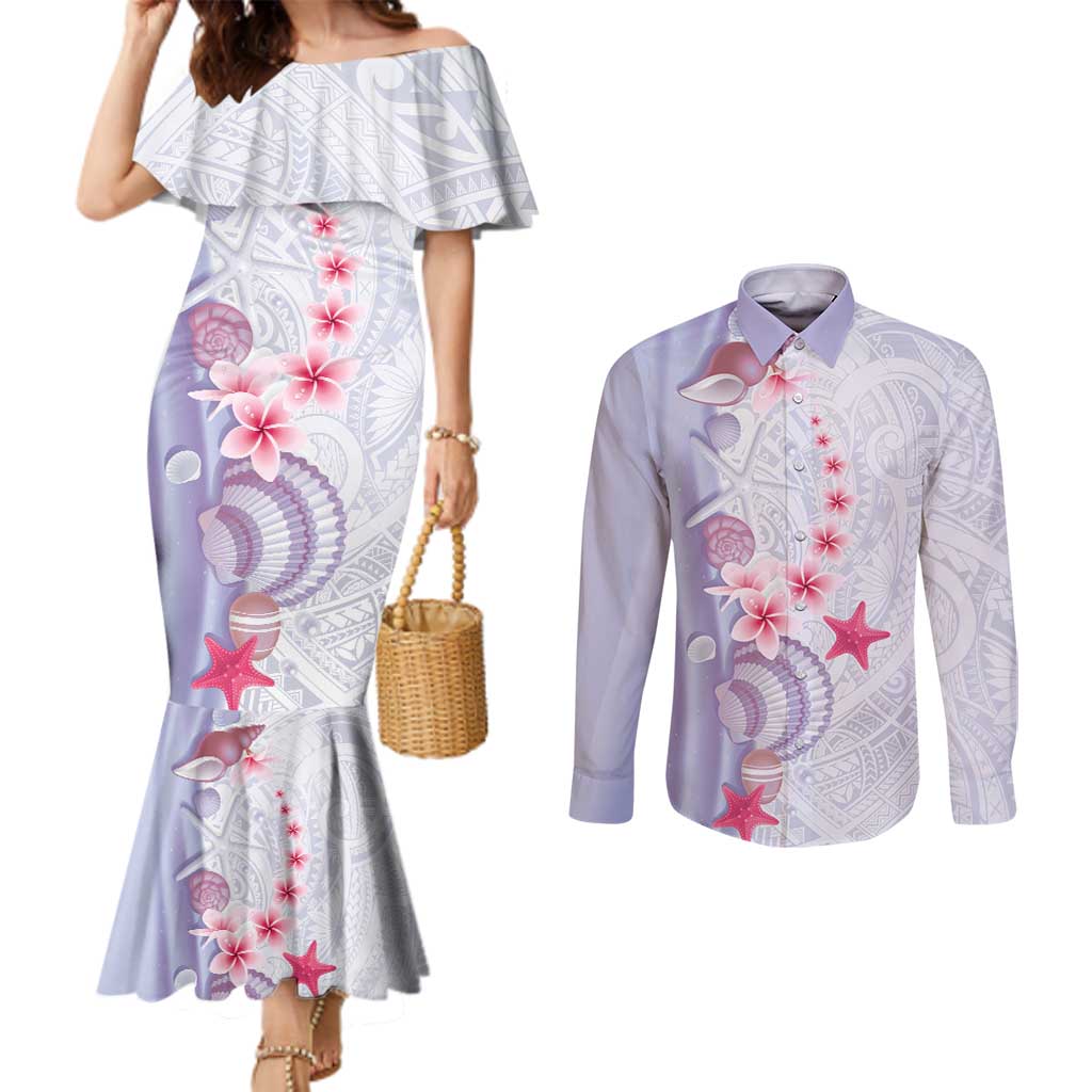 Purple Plumeria Sea Shell Couples Matching Mermaid Dress and Long Sleeve Button Shirt Starfish Polynesian Pattern LT01 Purple - Polynesian Pride
