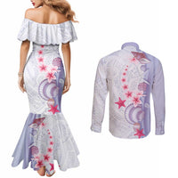 Purple Plumeria Sea Shell Couples Matching Mermaid Dress and Long Sleeve Button Shirt Starfish Polynesian Pattern LT01 - Polynesian Pride