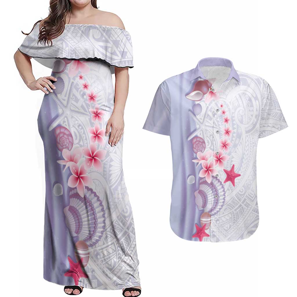 Purple Plumeria Sea Shell Couples Matching Off Shoulder Maxi Dress and Hawaiian Shirt Starfish Polynesian Pattern - Polynesian Pride