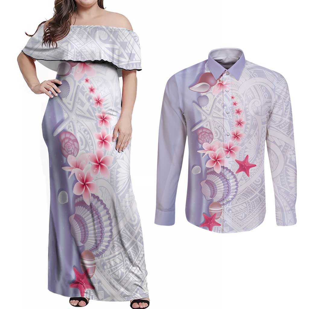 Purple Plumeria Sea Shell Couples Matching Off Shoulder Maxi Dress and Long Sleeve Button Shirt Starfish Polynesian Pattern LT01 Purple - Polynesian Pride