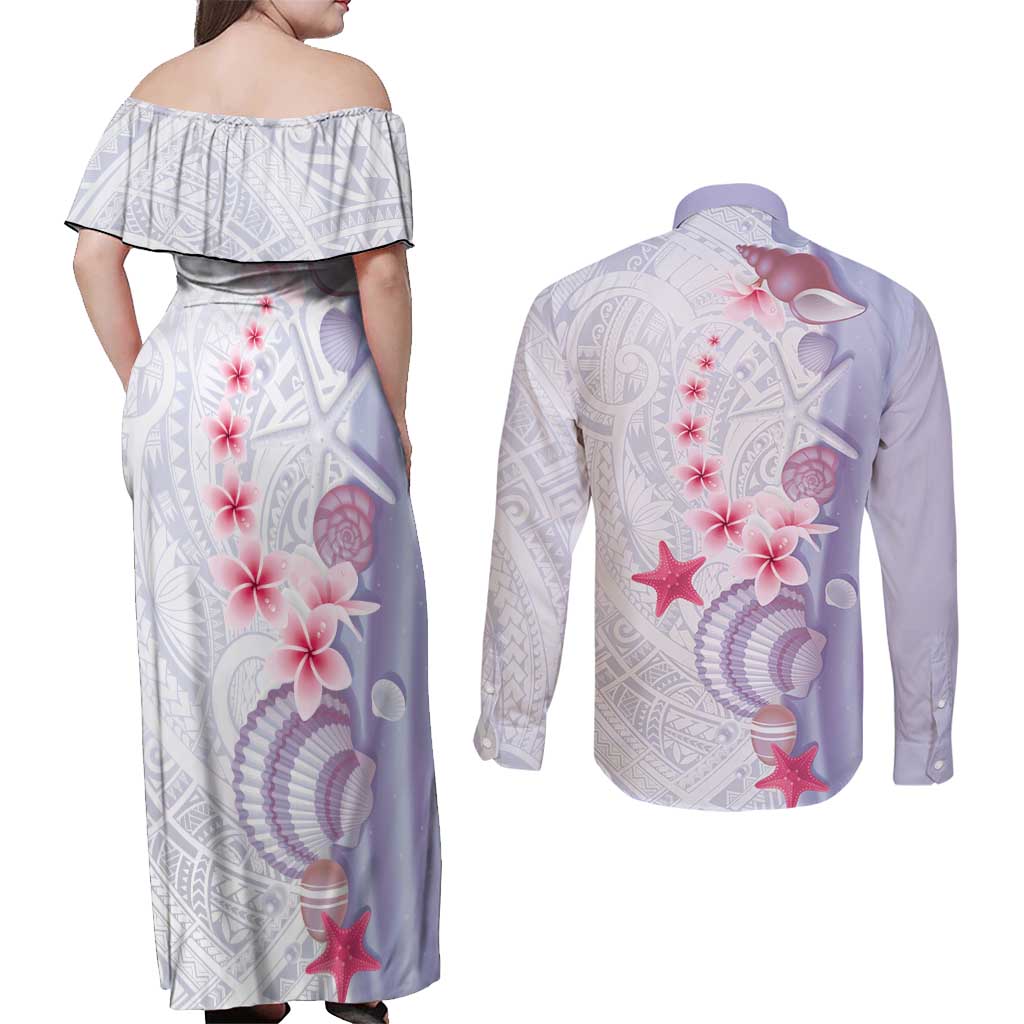 Purple Plumeria Sea Shell Couples Matching Off Shoulder Maxi Dress and Long Sleeve Button Shirt Starfish Polynesian Pattern LT01 - Polynesian Pride