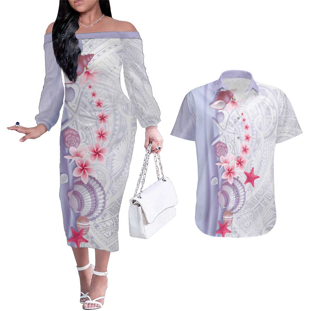 Purple Plumeria Sea Shell Couples Matching Off The Shoulder Long Sleeve Dress and Hawaiian Shirt Starfish Polynesian Pattern - Polynesian Pride