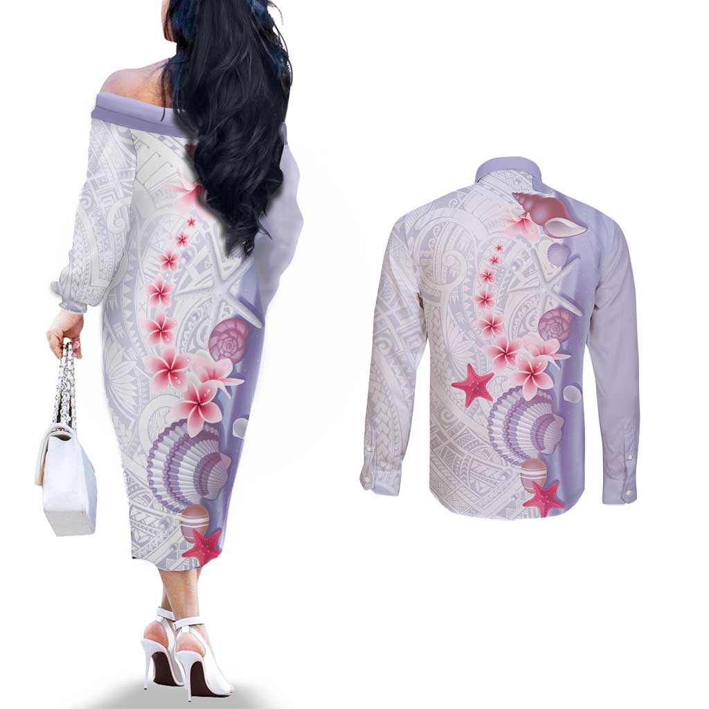 Purple Plumeria Sea Shell Couples Matching Off The Shoulder Long Sleeve Dress and Long Sleeve Button Shirt Starfish Polynesian Pattern LT01 - Polynesian Pride