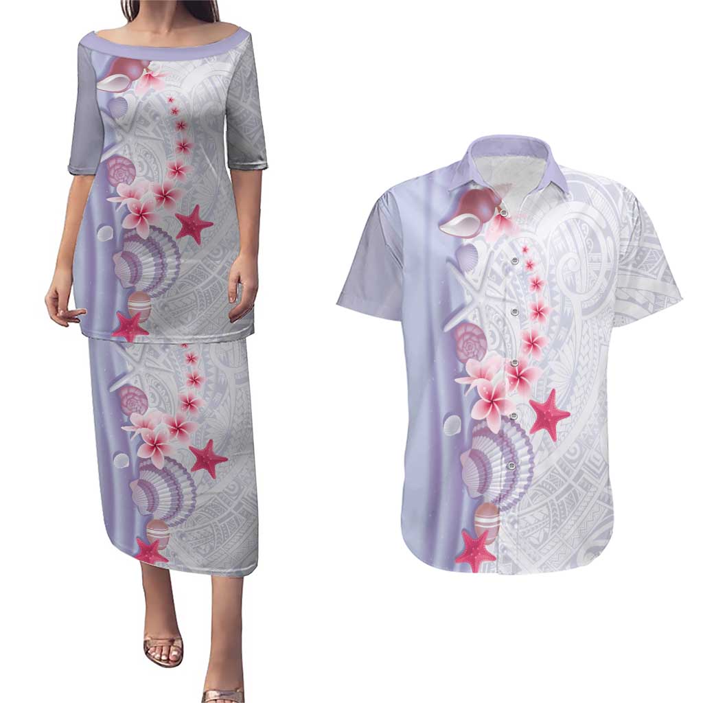 Purple Plumeria Sea Shell Couples Matching Puletasi and Hawaiian Shirt Starfish Polynesian Pattern LT01 Purple - Polynesian Pride