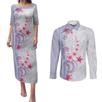 Purple Plumeria Sea Shell Couples Matching Puletasi and Long Sleeve Button Shirt Starfish Polynesian Pattern LT01 Purple - Polynesian Pride