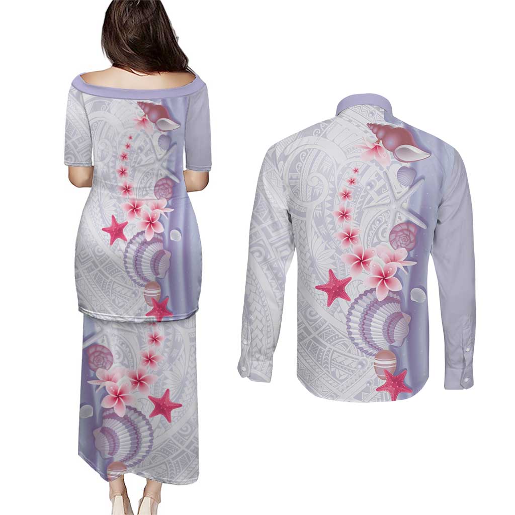 Purple Plumeria Sea Shell Couples Matching Puletasi and Long Sleeve Button Shirt Starfish Polynesian Pattern LT01 - Polynesian Pride