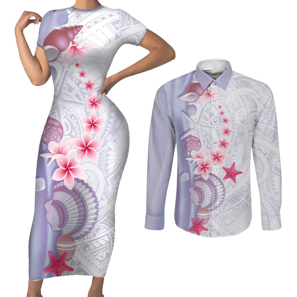 Purple Plumeria Sea Shell Couples Matching Short Sleeve Bodycon Dress and Long Sleeve Button Shirt Starfish Polynesian Pattern LT01 Purple - Polynesian Pride