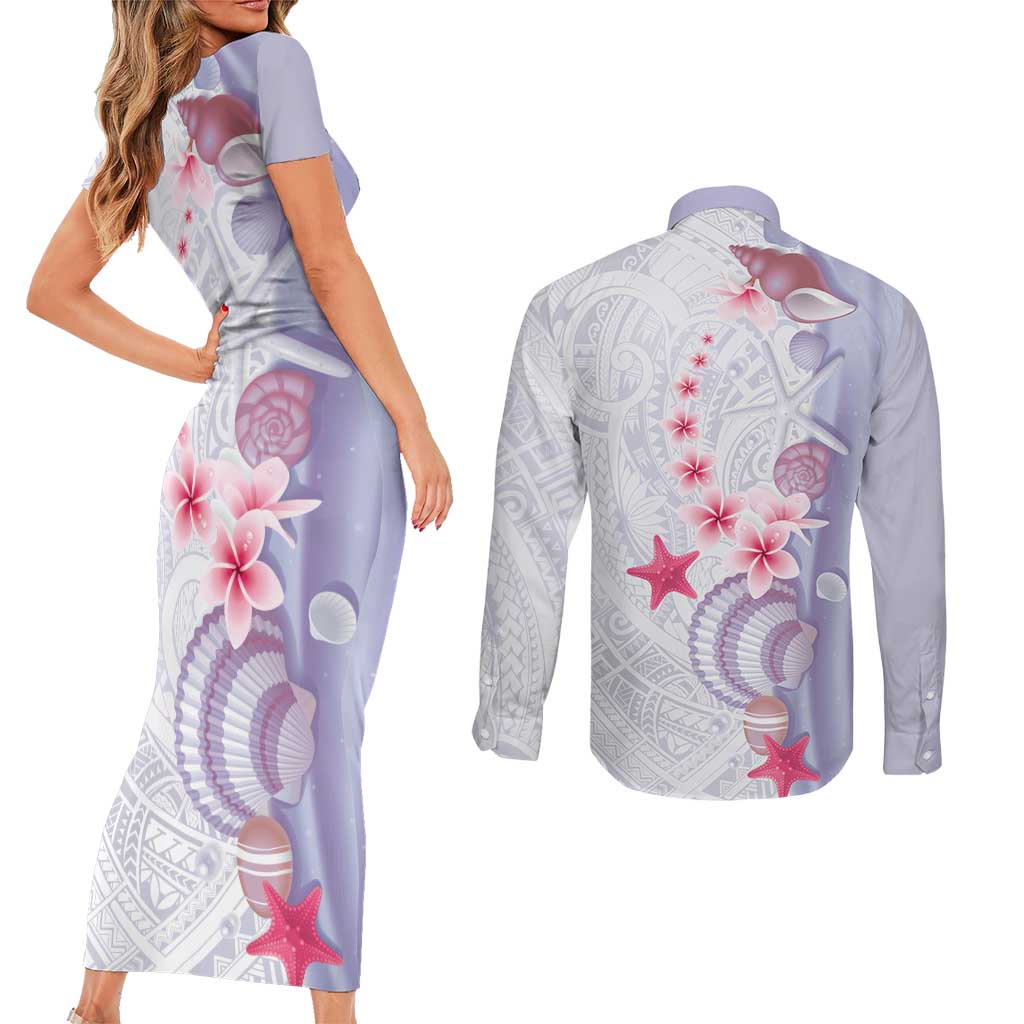 Purple Plumeria Sea Shell Couples Matching Short Sleeve Bodycon Dress and Long Sleeve Button Shirt Starfish Polynesian Pattern LT01 - Polynesian Pride