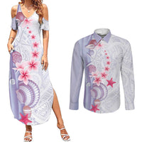 Purple Plumeria Sea Shell Couples Matching Summer Maxi Dress and Long Sleeve Button Shirt Starfish Polynesian Pattern LT01 Purple - Polynesian Pride