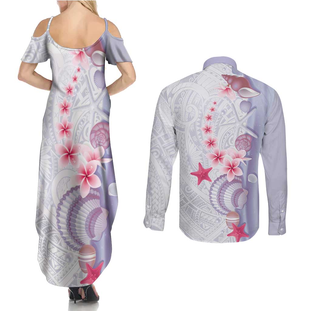 Purple Plumeria Sea Shell Couples Matching Summer Maxi Dress and Long Sleeve Button Shirt Starfish Polynesian Pattern LT01 - Polynesian Pride