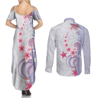Purple Plumeria Sea Shell Couples Matching Summer Maxi Dress and Long Sleeve Button Shirt Starfish Polynesian Pattern LT01 - Polynesian Pride