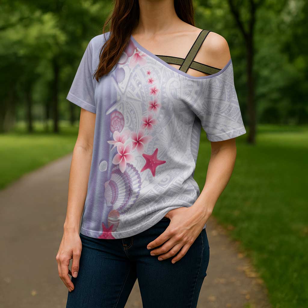 Purple Plumeria Sea Shell Cross Shoulder Shirt Starfish Polynesian Pattern LT01 - Polynesian Pride