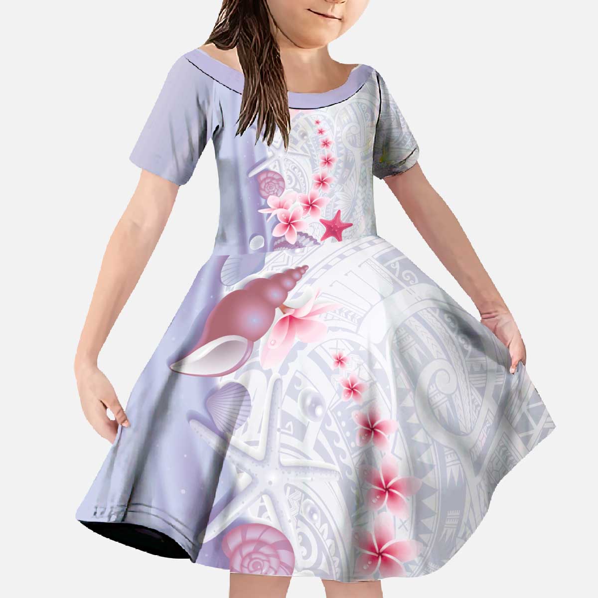 Purple Plumeria Sea Shell Family Matching Off The Shoulder Long Sleeve Dress and Hawaiian Shirt Starfish Polynesian Pattern - Polynesian Pride