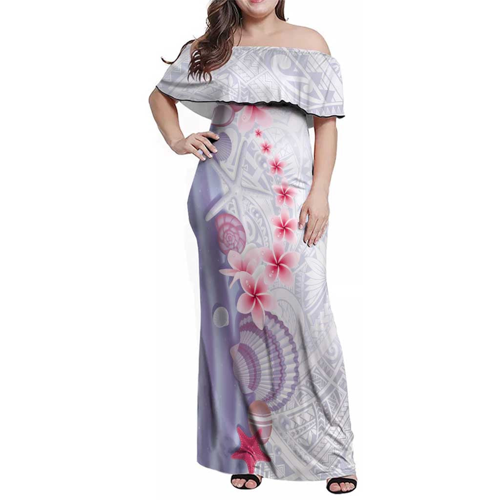 Purple Plumeria Sea Shell Family Matching Off Shoulder Maxi Dress and Hawaiian Shirt Starfish Polynesian Pattern - Polynesian Pride