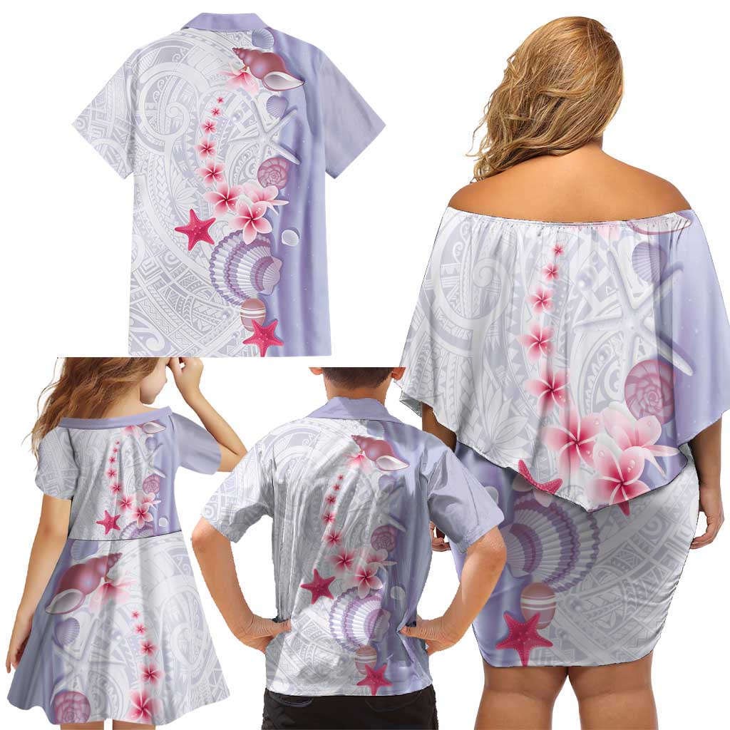 Purple Plumeria Sea Shell Family Matching Off Shoulder Short Dress and Hawaiian Shirt Starfish Polynesian Pattern - Polynesian Pride