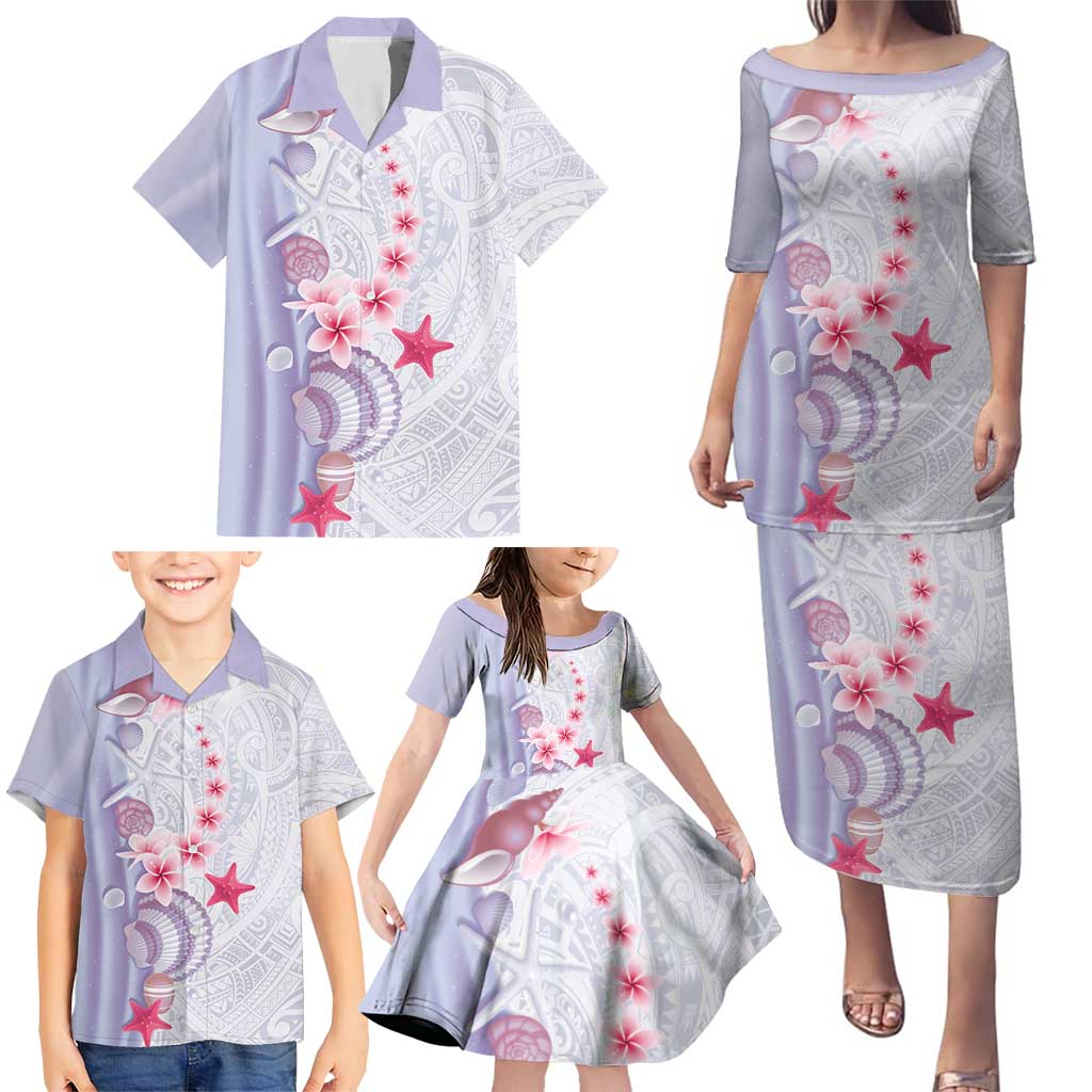 Purple Plumeria Sea Shell Family Matching Puletasi and Hawaiian Shirt Starfish Polynesian Pattern - Polynesian Pride