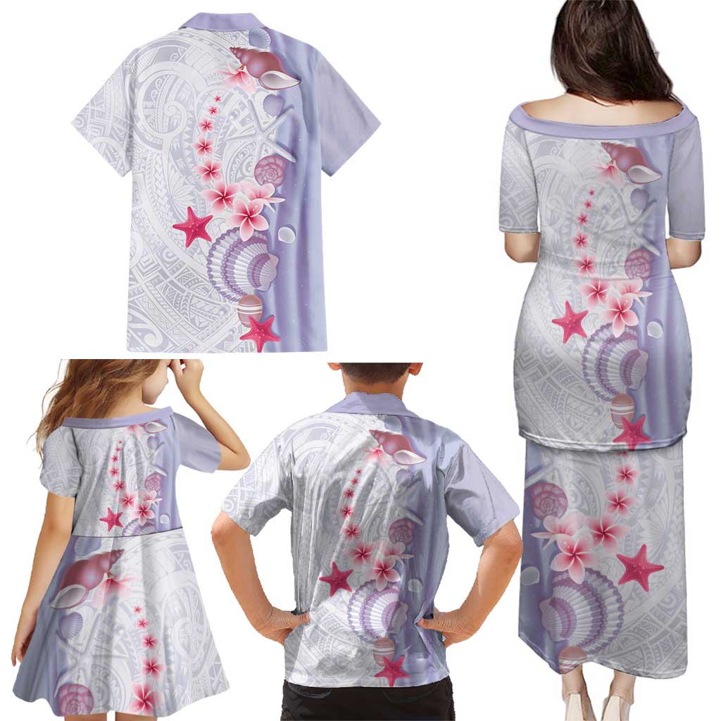 Purple Plumeria Sea Shell Family Matching Puletasi and Hawaiian Shirt Starfish Polynesian Pattern - Polynesian Pride