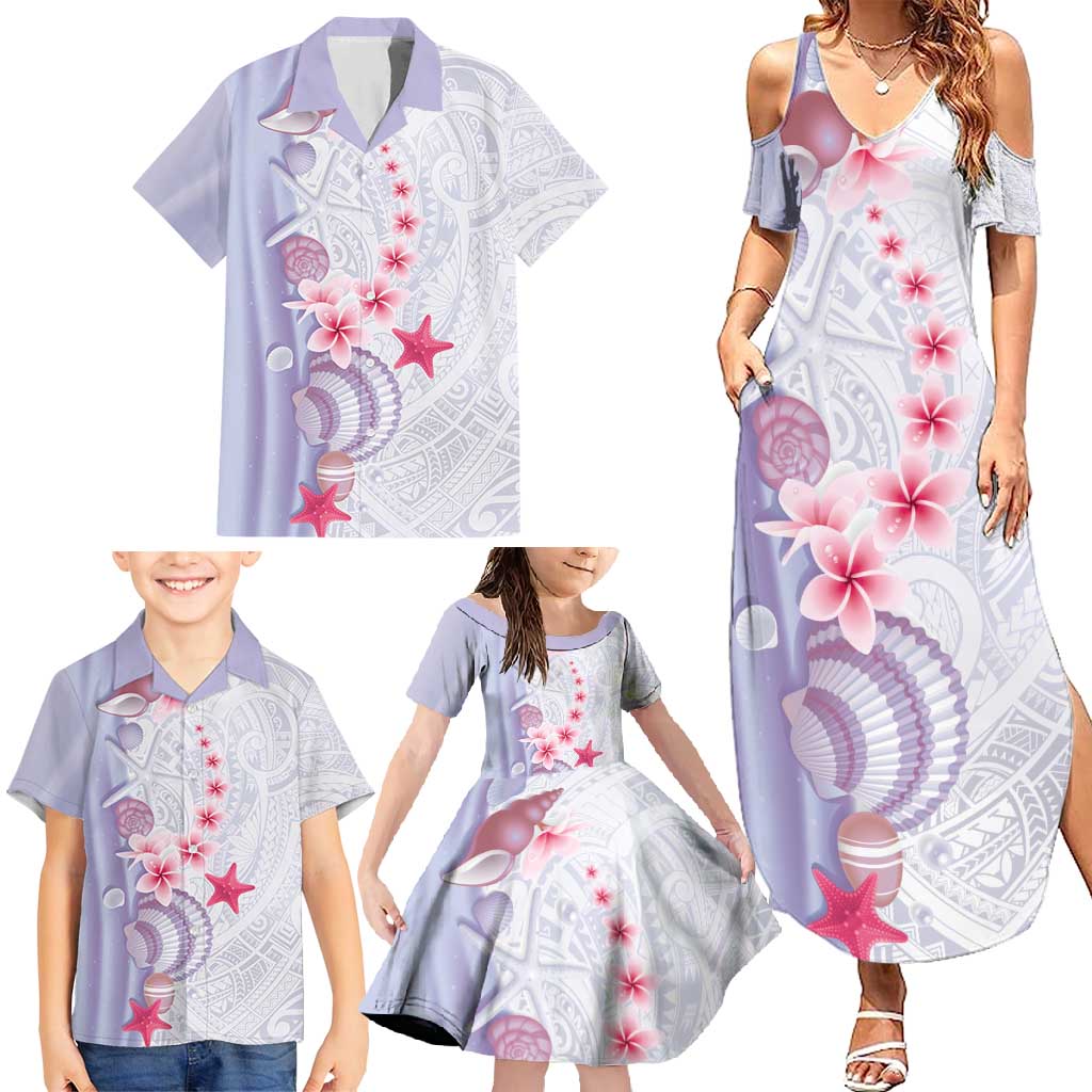Purple Plumeria Sea Shell Family Matching Summer Maxi Dress and Hawaiian Shirt Starfish Polynesian Pattern - Polynesian Pride