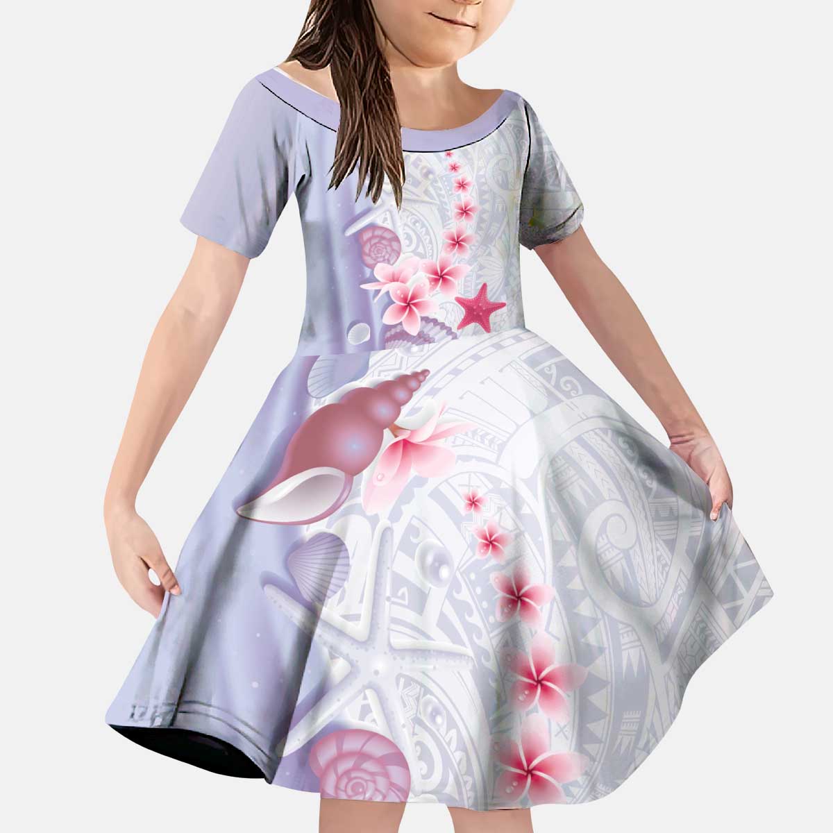 Purple Plumeria Sea Shell Kid Short Sleeve Dress Starfish Polynesian Pattern LT01 KID Purple - Polynesian Pride
