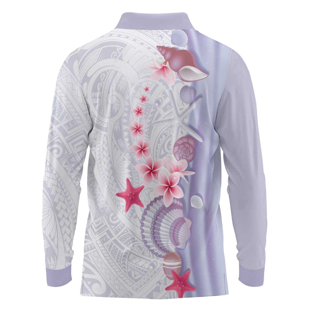 Purple Plumeria Sea Shell Long Sleeve Polo Shirt Starfish Polynesian Pattern LT01 - Polynesian Pride