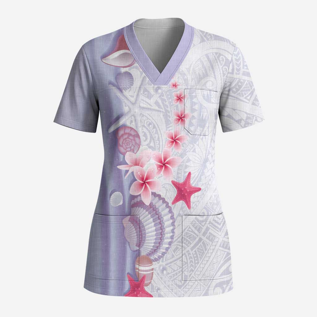 Purple Plumeria Sea Shell Scrub Top Starfish Polynesian Pattern LT01 Adult Purple - Polynesian Pride