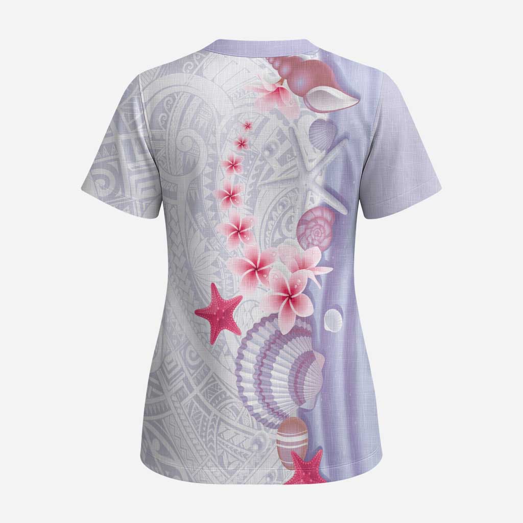 Purple Plumeria Sea Shell Scrub Top Starfish Polynesian Pattern LT01 - Polynesian Pride