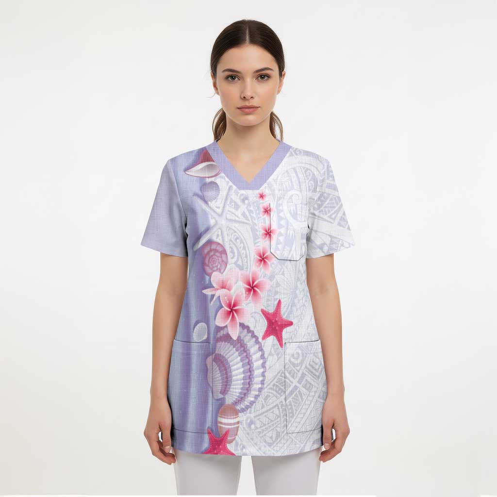 Purple Plumeria Sea Shell Scrub Top Starfish Polynesian Pattern LT01 - Polynesian Pride