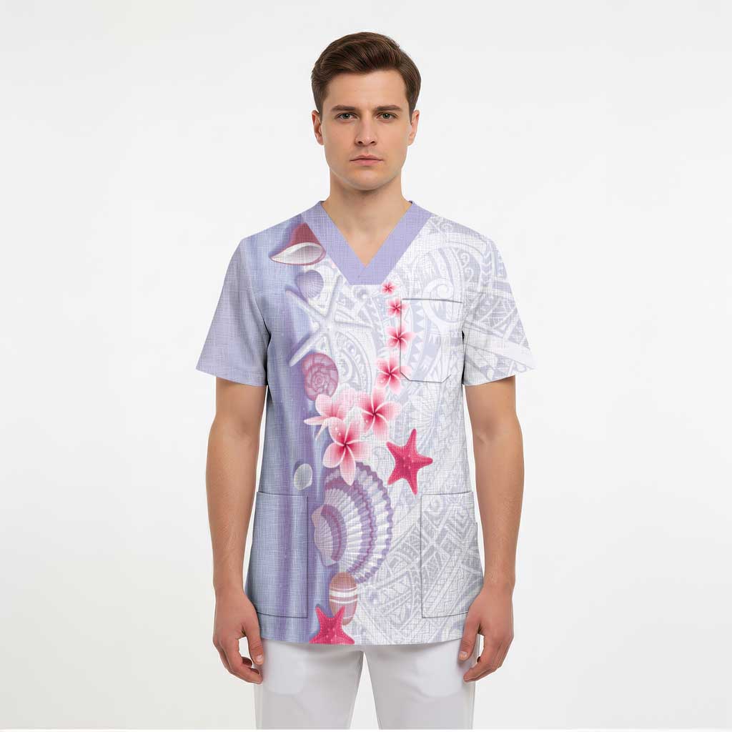 Purple Plumeria Sea Shell Scrub Top Starfish Polynesian Pattern LT01 - Polynesian Pride