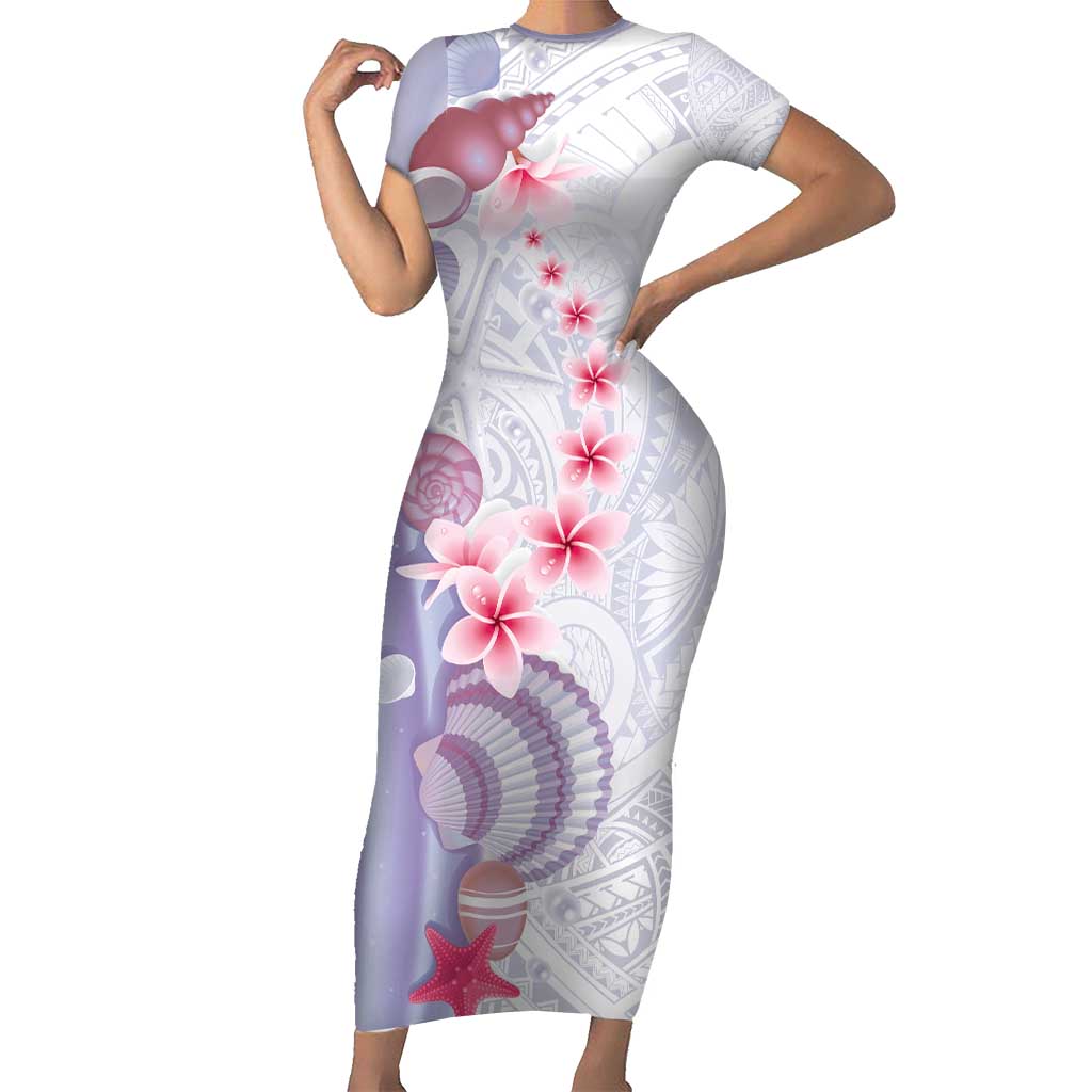 Purple Plumeria Sea Shell Short Sleeve Bodycon Dress Starfish Polynesian Pattern - Polynesian Pride