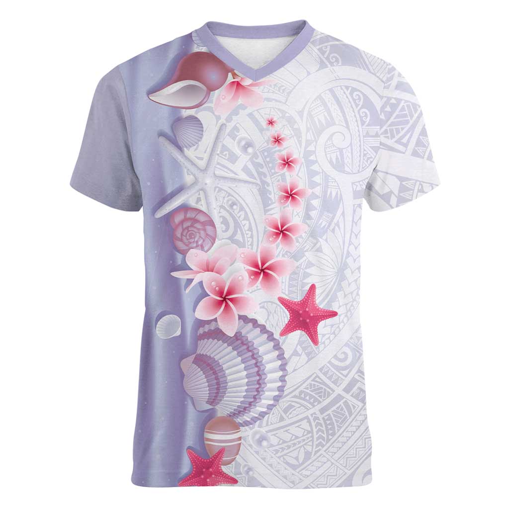 Purple Plumeria Sea Shell Women V-Neck T-Shirt Starfish Polynesian Pattern LT01 Female Purple - Polynesian Pride