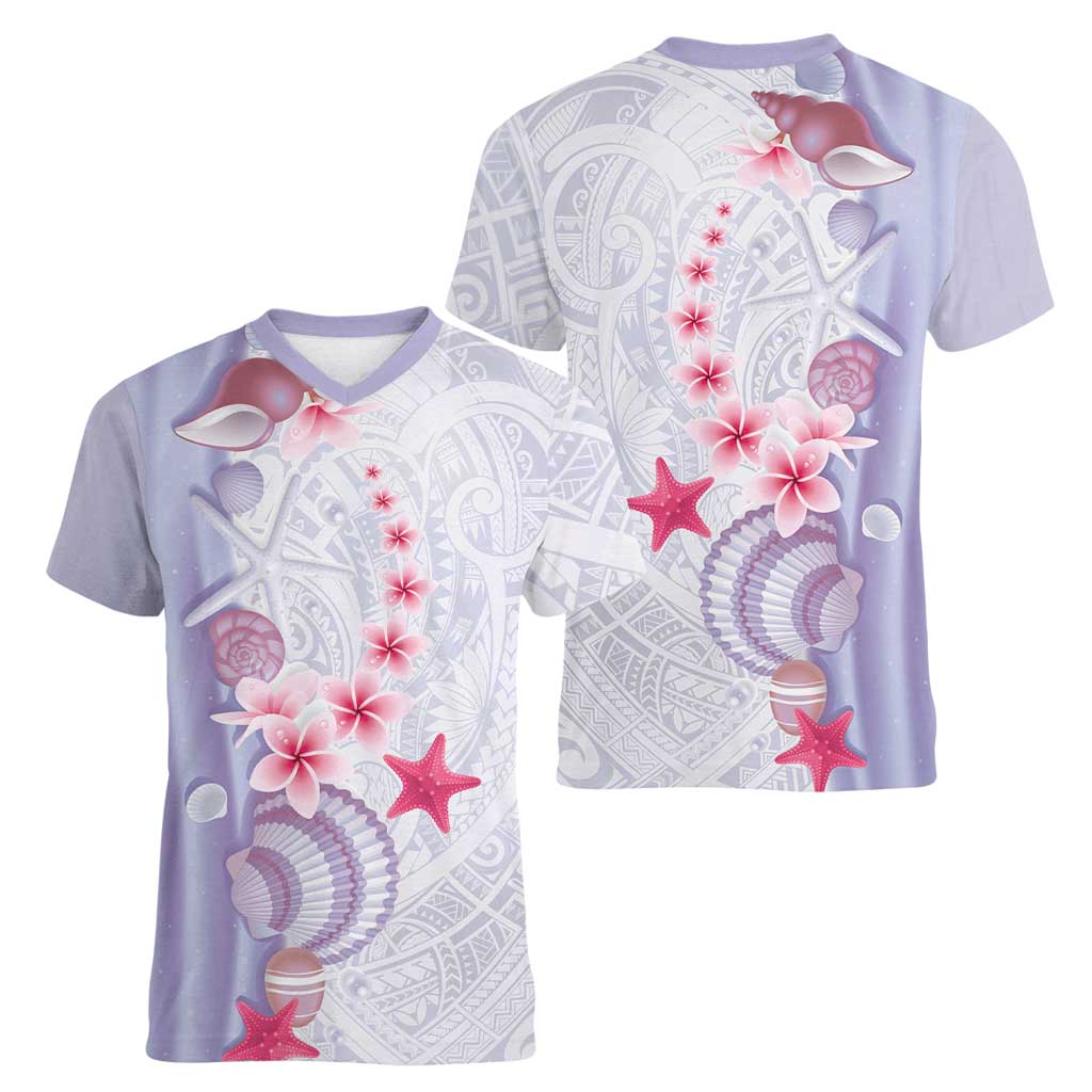 Purple Plumeria Sea Shell Women V-Neck T-Shirt Starfish Polynesian Pattern LT01 - Polynesian Pride